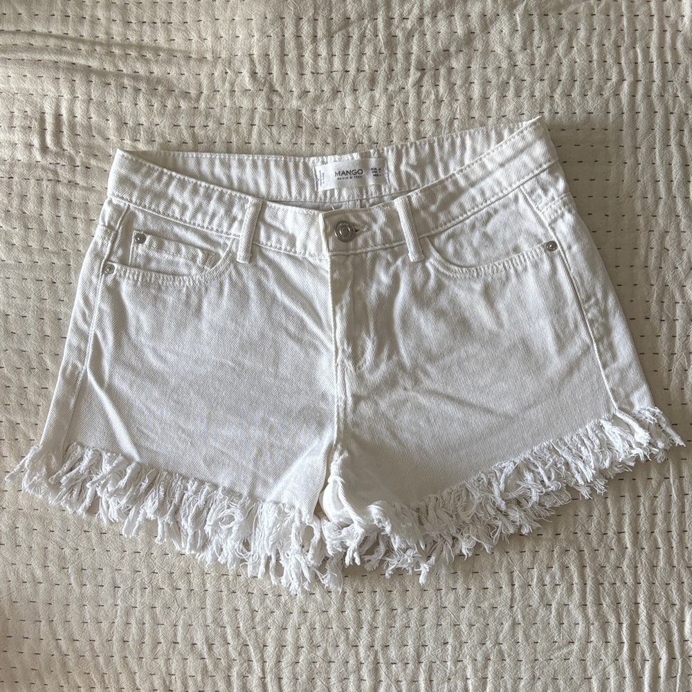 Mango White Frayed Hem Jean Shorts